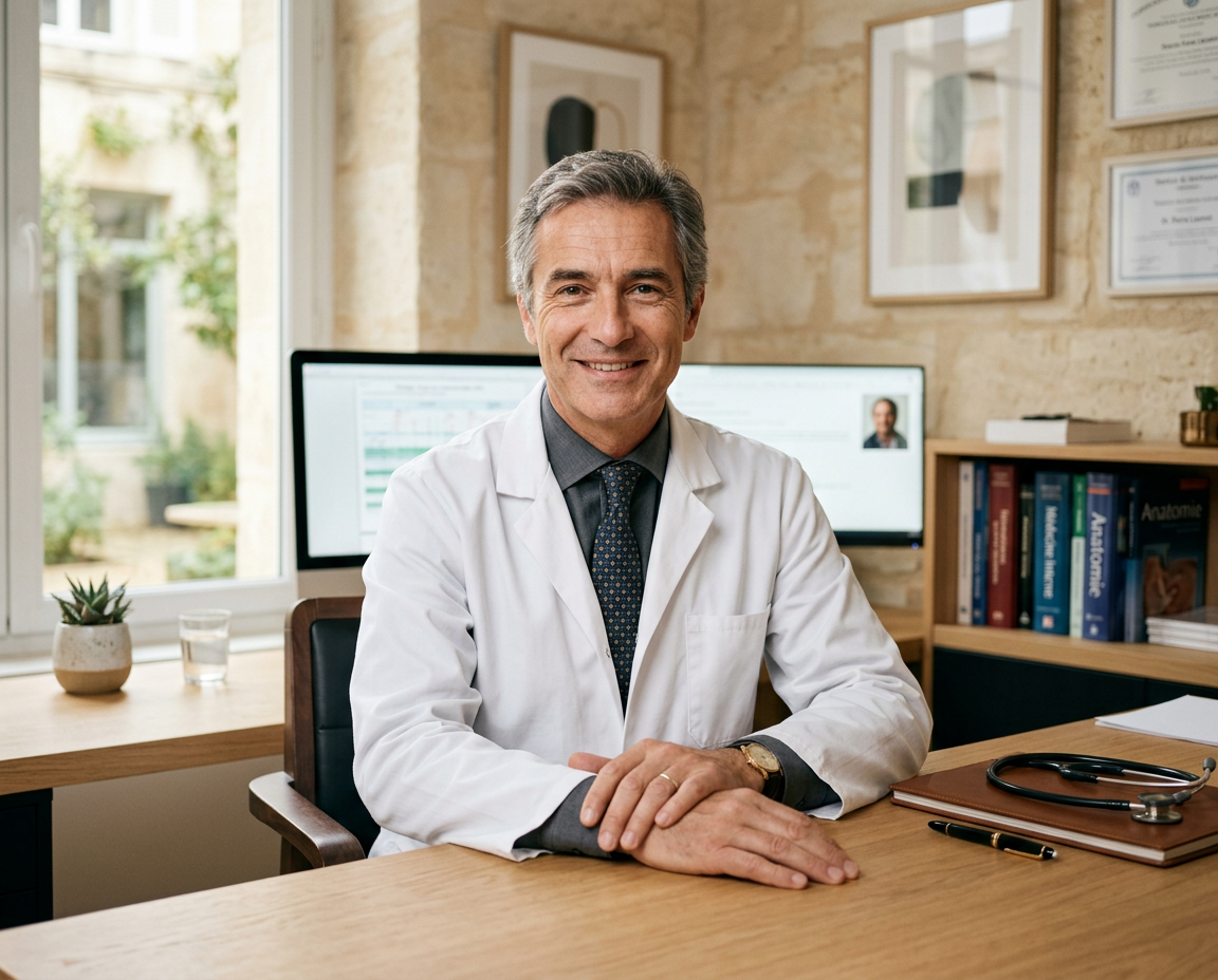 Médecin élégant d'une cinquantaine d'années, souriant, assis derrière son bureau dans un cabinet médical baigné de lumière naturelle