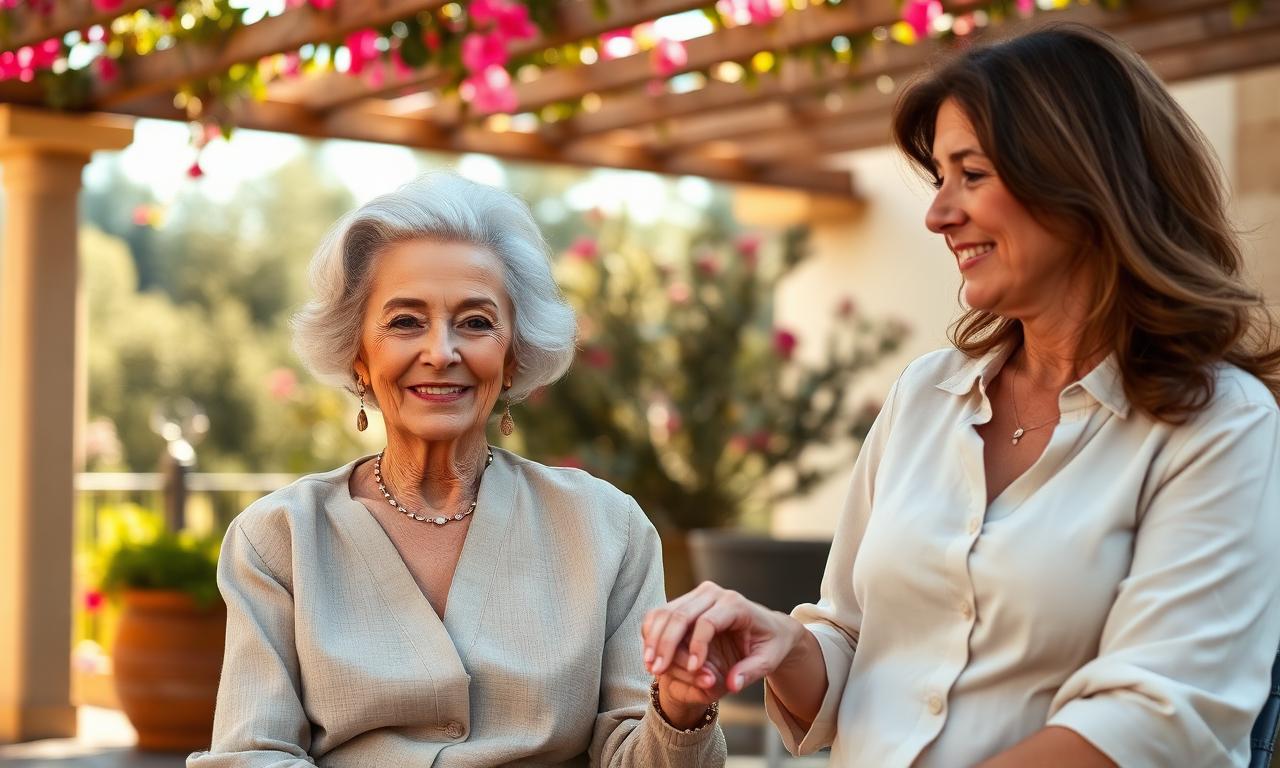 Femme âgée élégante et sa fille adulte sous une pergola dans le sud de la France