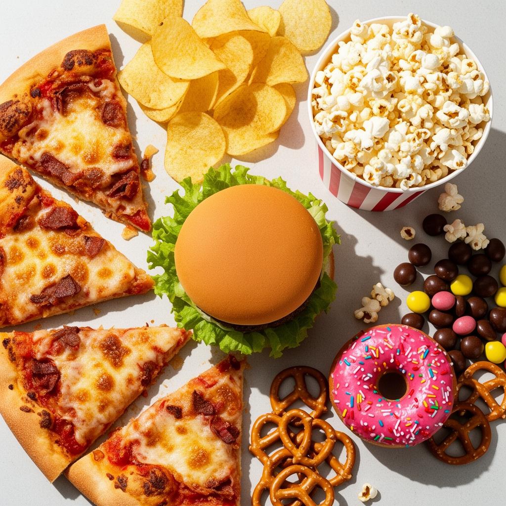 Vue de dessus d'une table couverte d'aliments ultra-transformés : burger, chips, bonbons, biscuits et sodas