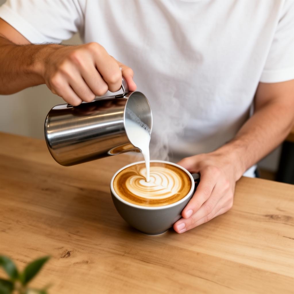 Personne versant du lait vapeur dans une tasse de café créant un latte art