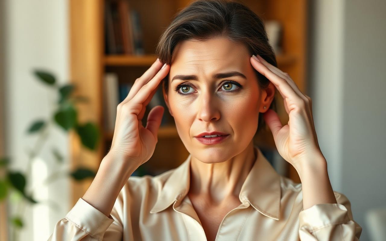 Femme élégante au visage soucieux, les mains posées sur les tempes dans un intérieur lumineux
