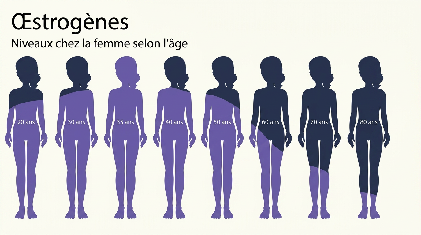 Infographie illustrant la baisse des niveaux d'œstrogènes chez la femme de 20 à 80 ans