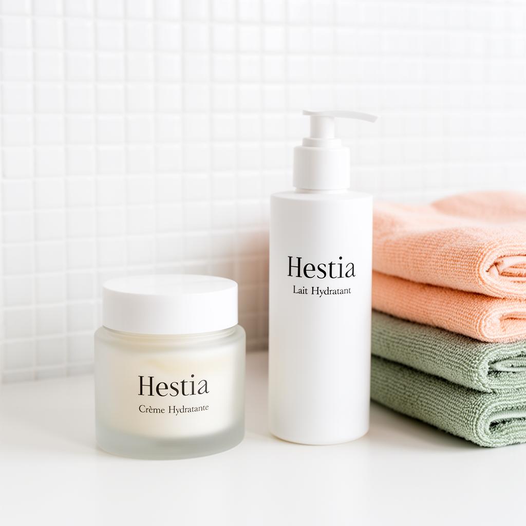 Crème hydratante, lait hydratant et serviette pliée sur un plan blanc devant un mur en carrelage de salle de bain, ambiance épurée et lumineuse