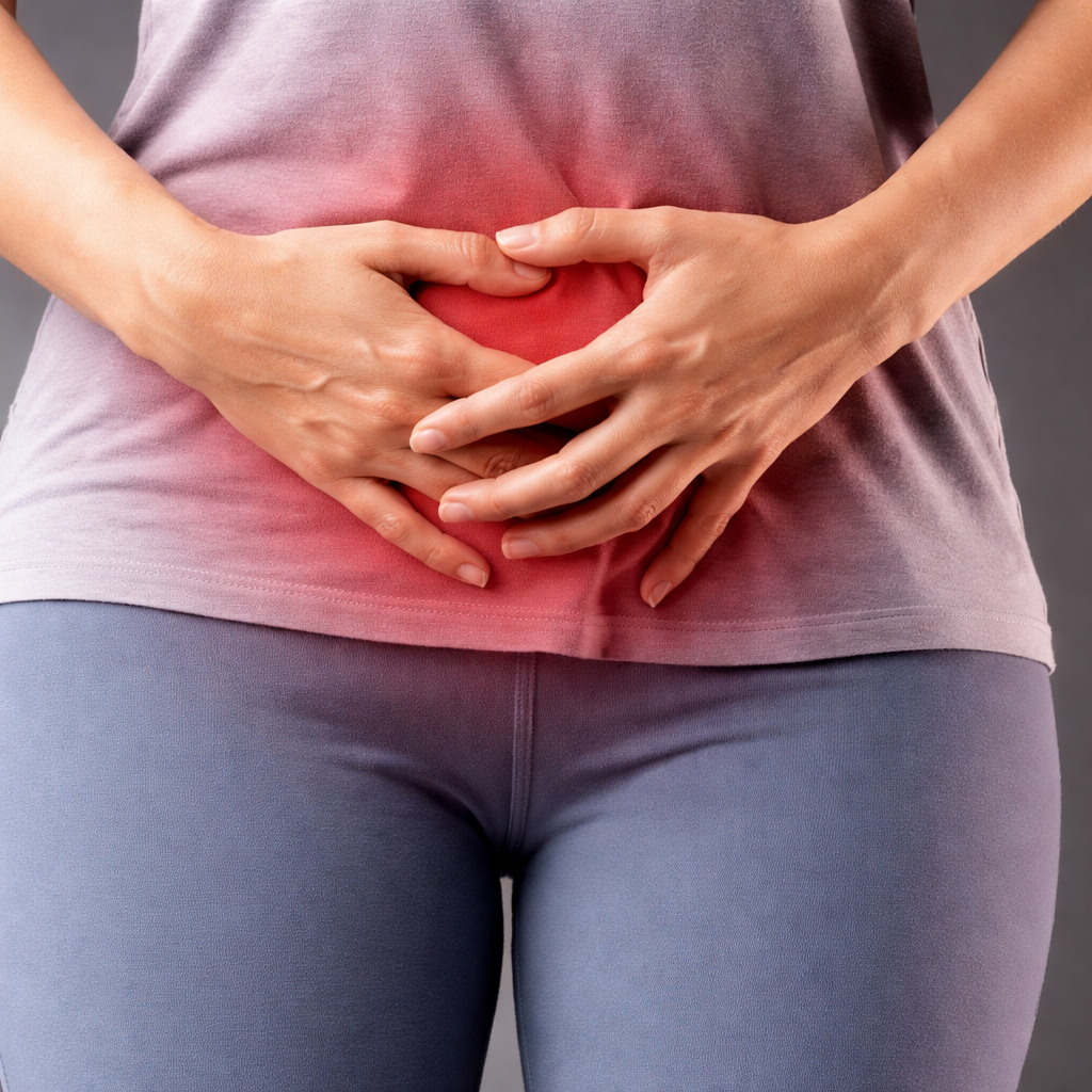 Femme tenant son bas-ventre douloureux, illustrant une infection urinaire / cystite