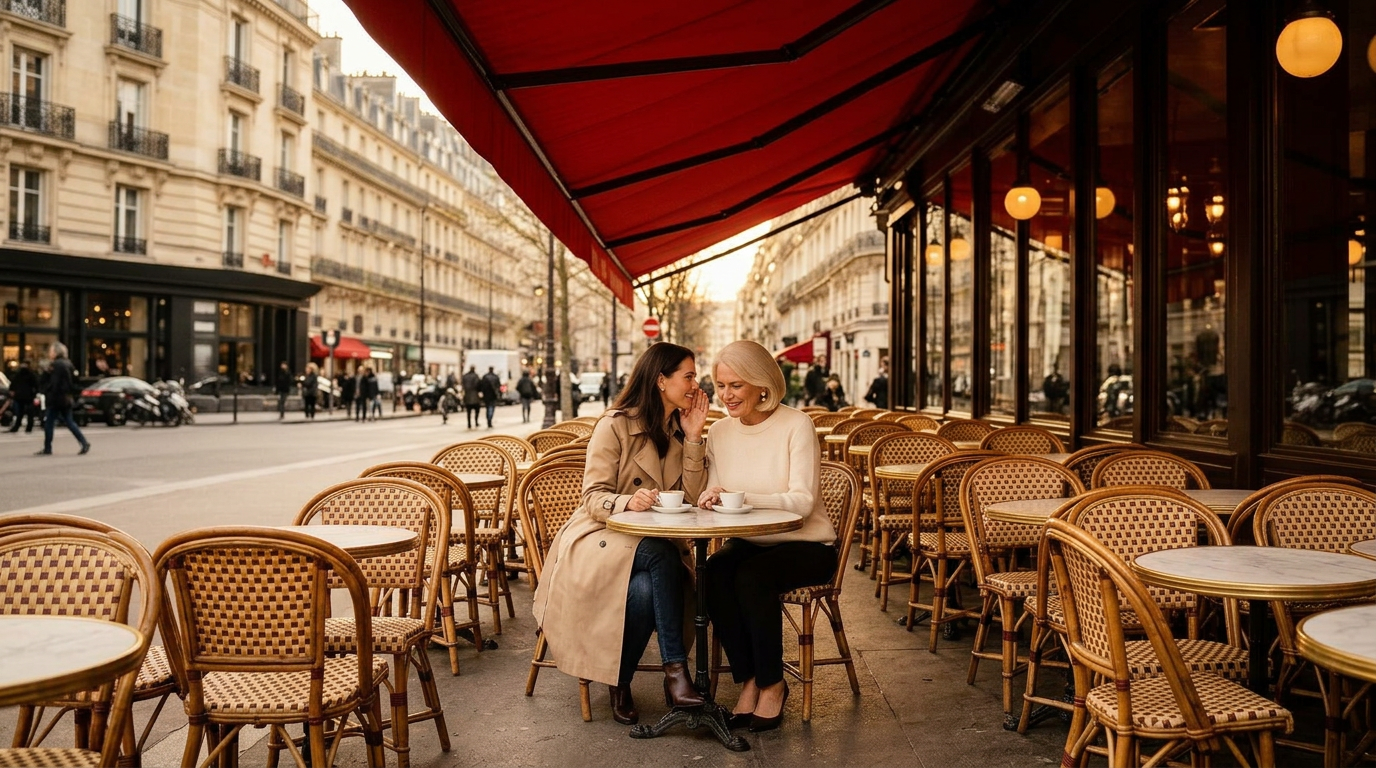 Deux femmes élégantes, une brune de 35 ans et une blonde de 60 ans, se confient un secret à la terrasse d'un café parisien