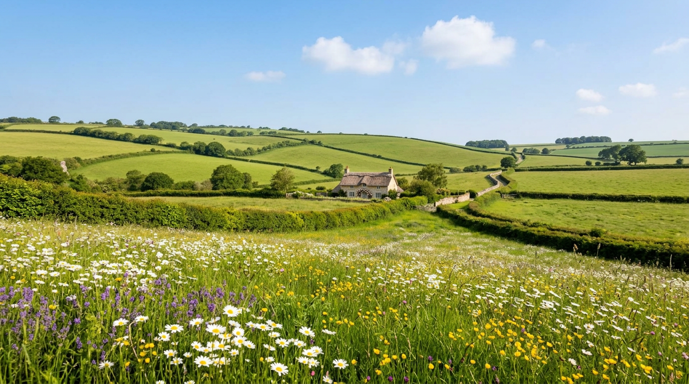 Cottage anglais traditionnel au toit de chaume, entouré de roses grimpantes, lavande et fleurs sauvages dans la campagne anglaise