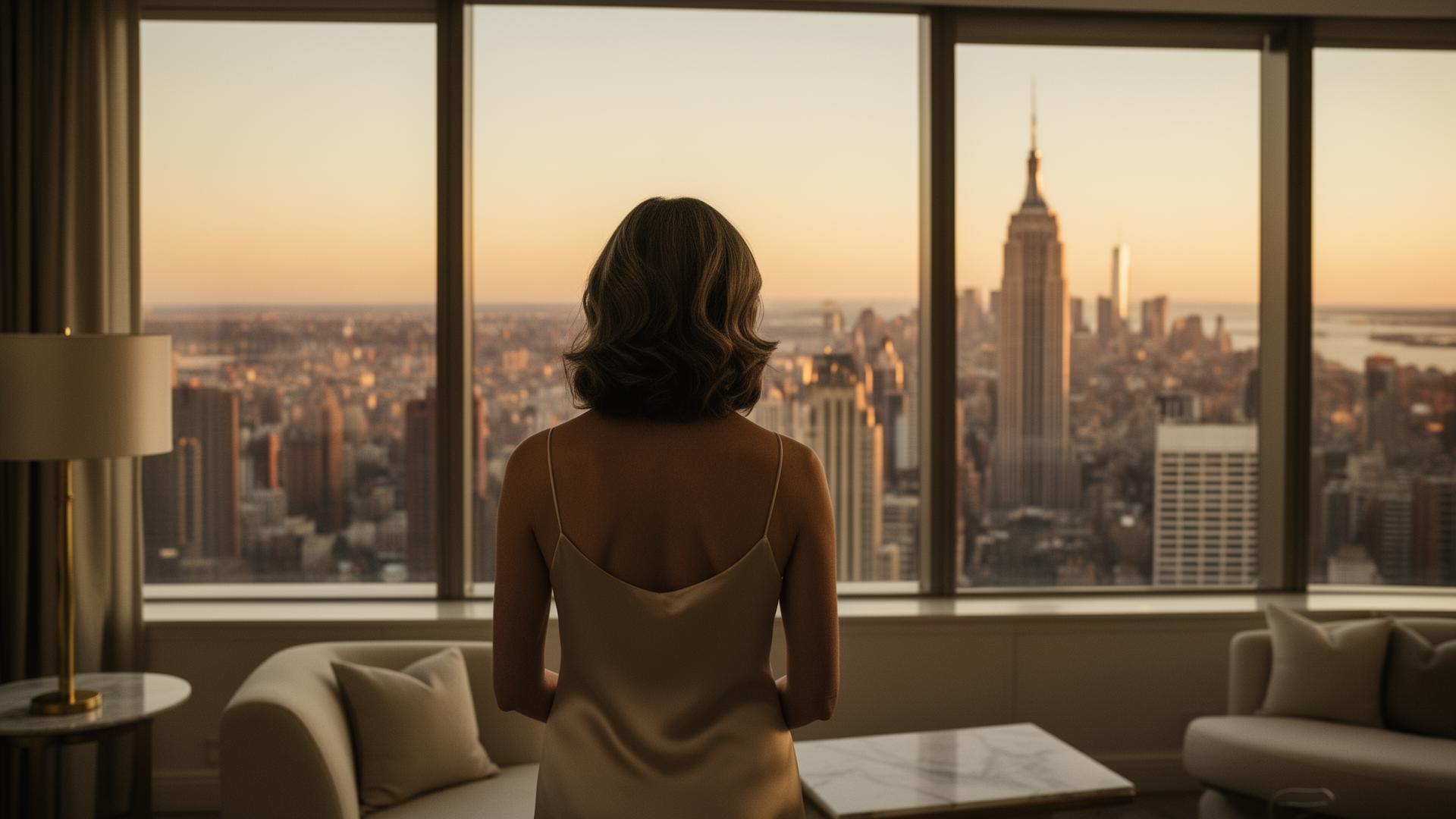Femme élégante de dos contemplant la skyline de Manhattan depuis son penthouse au coucher du soleil